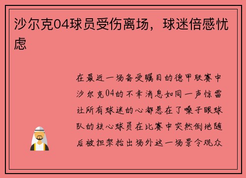 沙尔克04球员受伤离场，球迷倍感忧虑